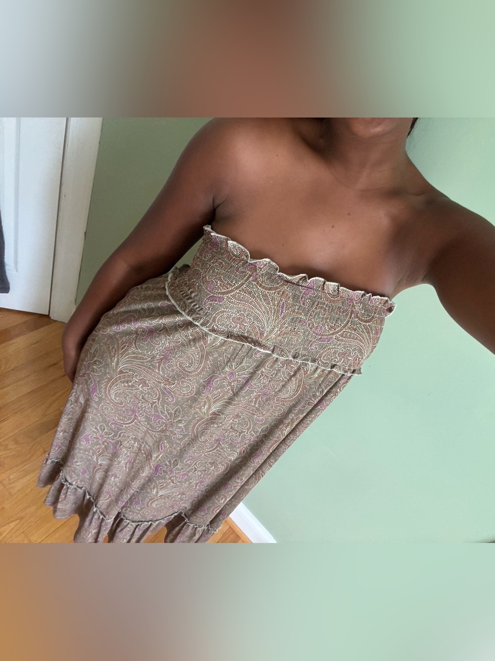 DR2 Strapless Paisley Maxi Skirt Dress in Taupe and Pink